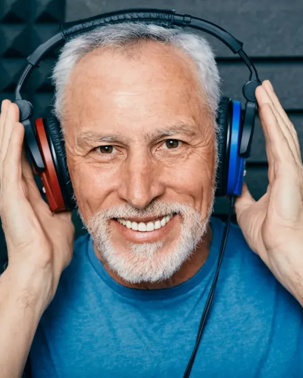 Senior patient undergoing a hearing evaluation with audiologist headphones